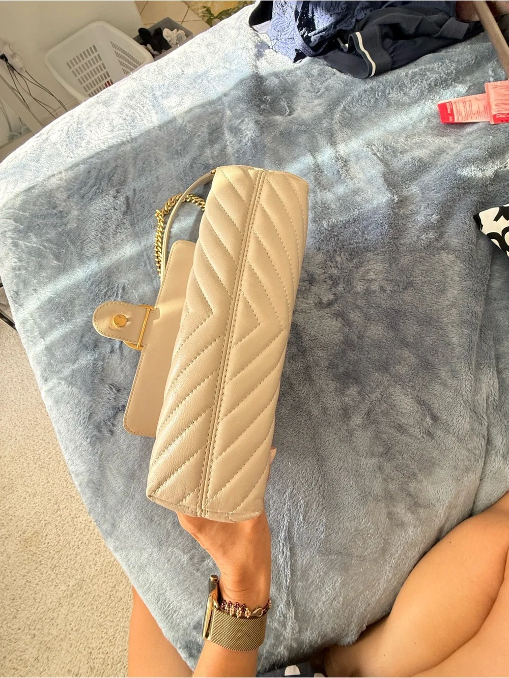 PINKO Love Bag Chevron Greige Leather Gold Chain Shoulder Bag
